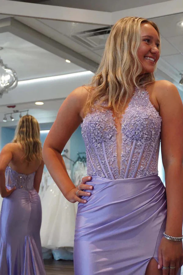Sheath Halter Lavender Prom Dress US With Split Deep V-neck
