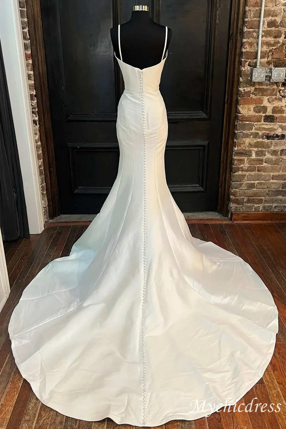 Custom Made Mermaid Long Satin Wedding Dress Spaghetti Straps