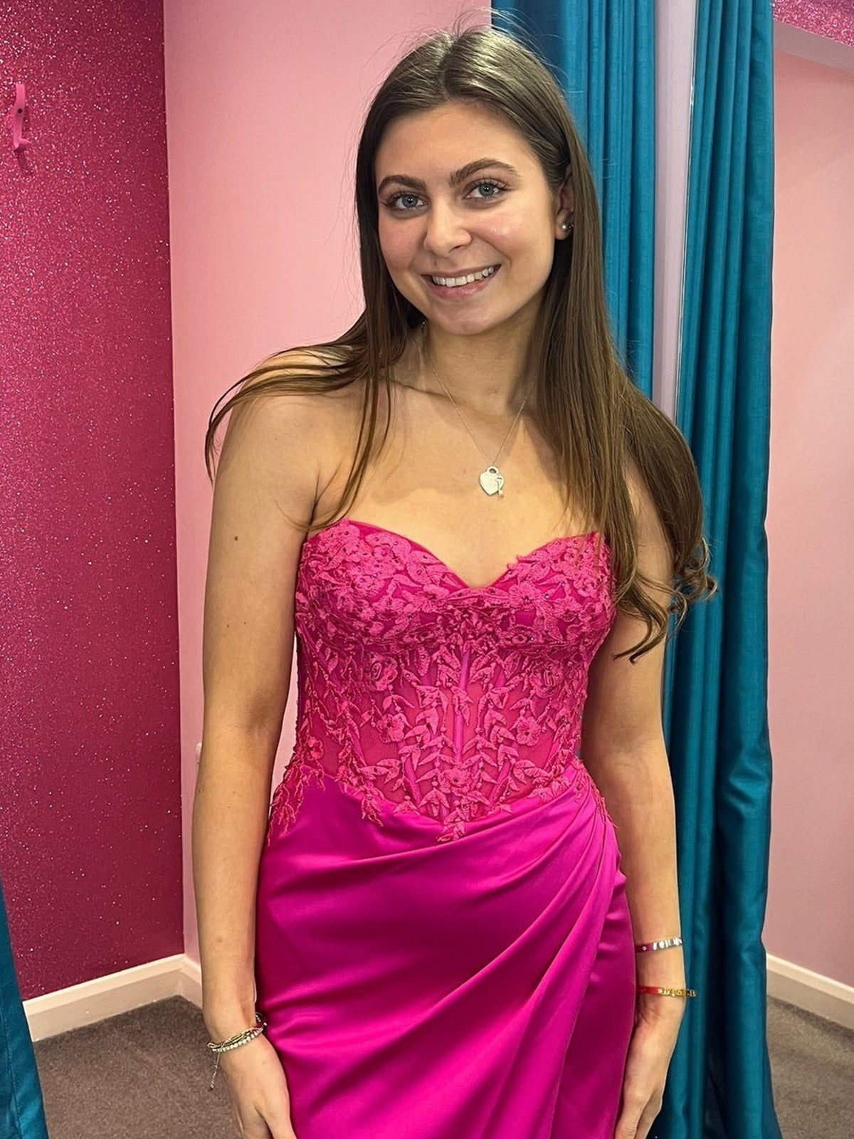 Custom Made Mermaid 2025 Prom Dress Fuchsia Lace Satin Ruched