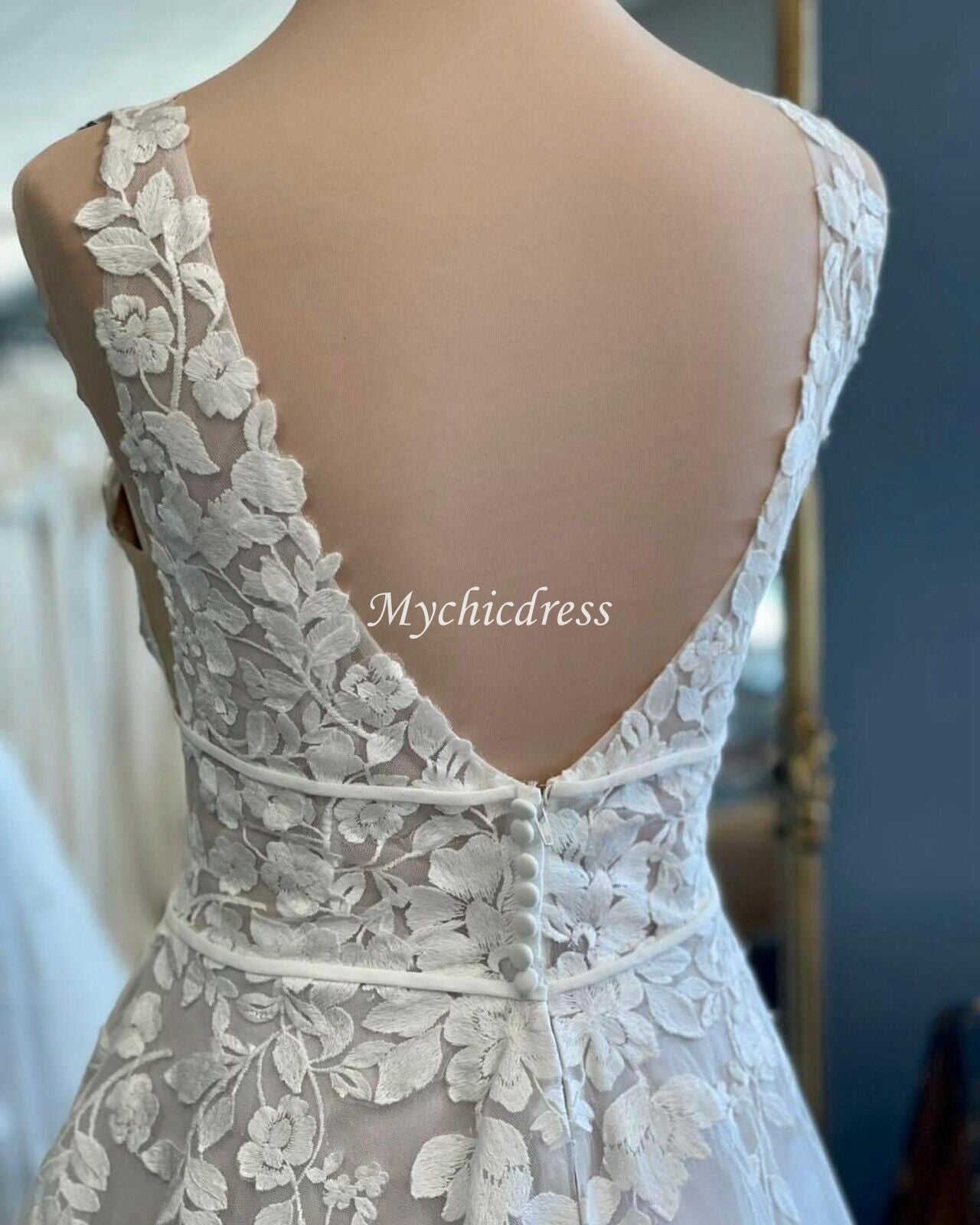 Custom made Lace Floral Vintage Wedding Dress V Neck Mermaid Bridal Gown - MyChicDress