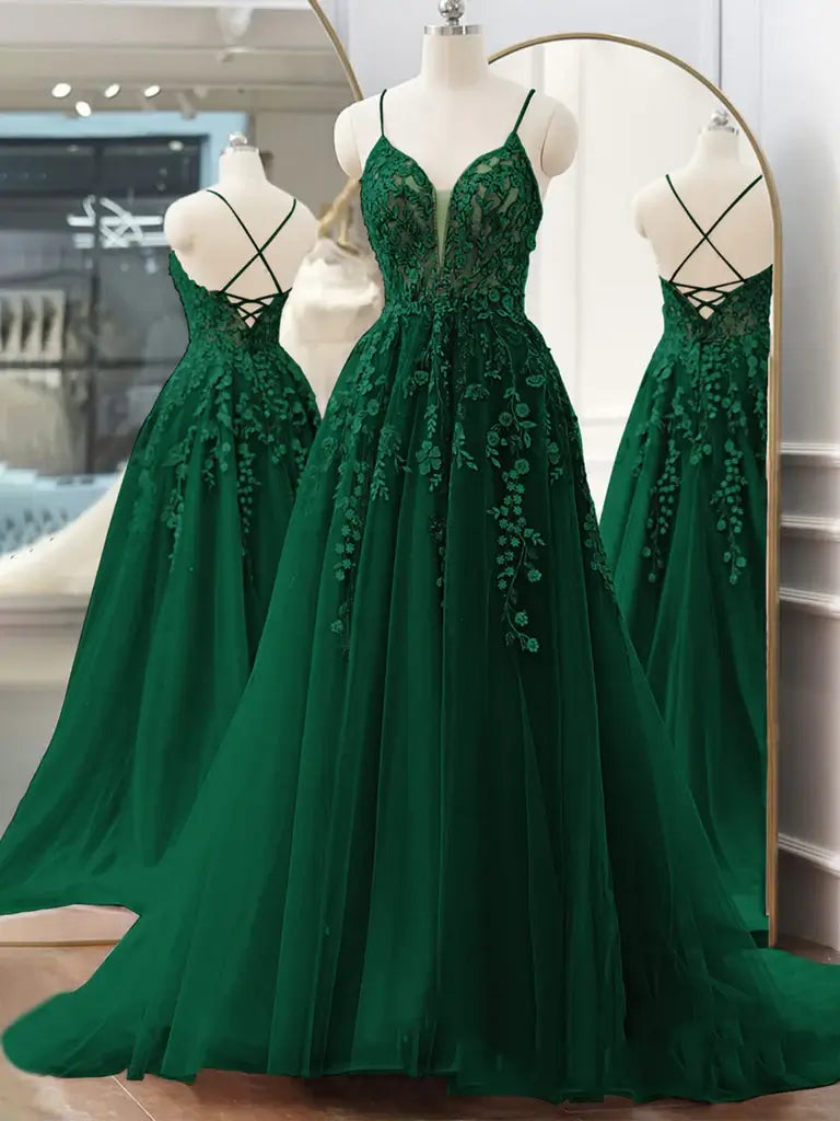 Cheap A-Line Dark Green Formal Dress Tulle With Appliques