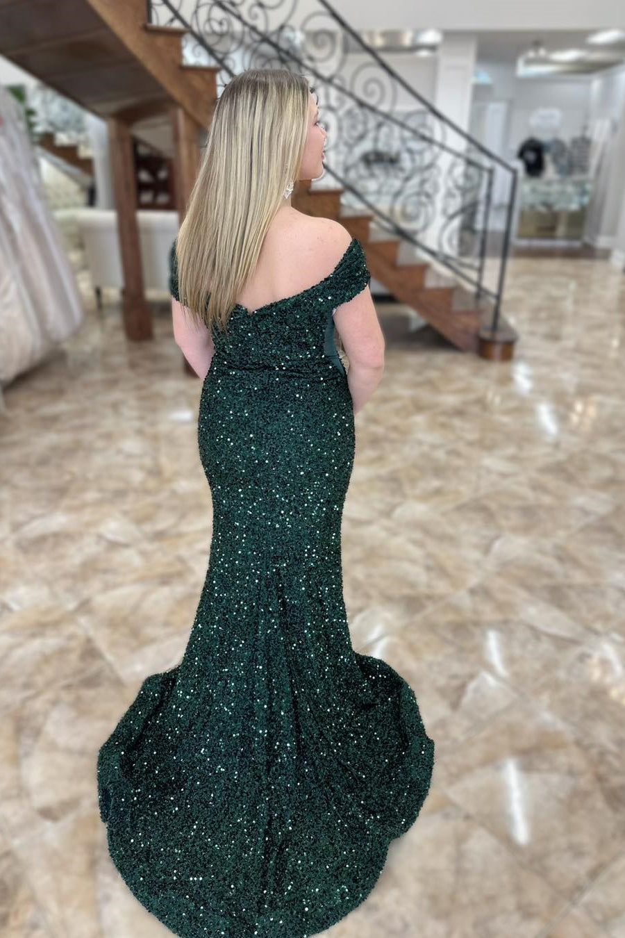 Dark Green Long Formal Prom Dress Off the Shoulder Sequin Dress Mermaid