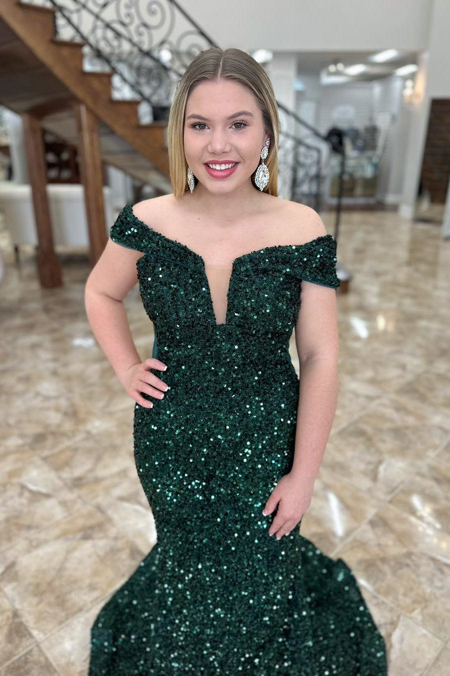 Dark Green Long Formal Prom Dress Off the Shoulder Sequin Dress Mermaid