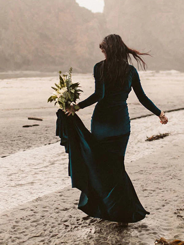 Winter Velvet Dark Green Formal Dresses with Long Sleeves - MyChicDress