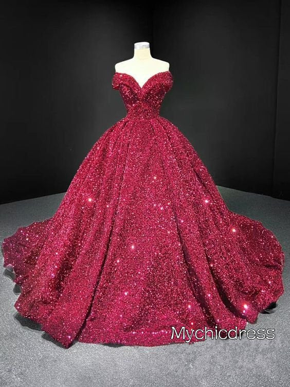 Dark Red Quinceanera Dresses Sequin Off the Shoulder Glitter Wedding Gown - MyChicDress