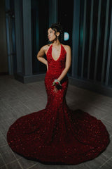 Deep V Neck 2025 Red Iridescent Sequin Prom Dress Open Back Mermaid