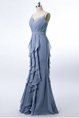 Dusty Blue Formal Dress Mermaid Wedding Guest Dress Chiffon with Ruffles