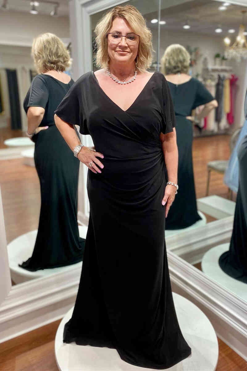 Elegant Long Chiffon V-Neck Black Mother of Bride Dress Short Sleeves MyChicDress