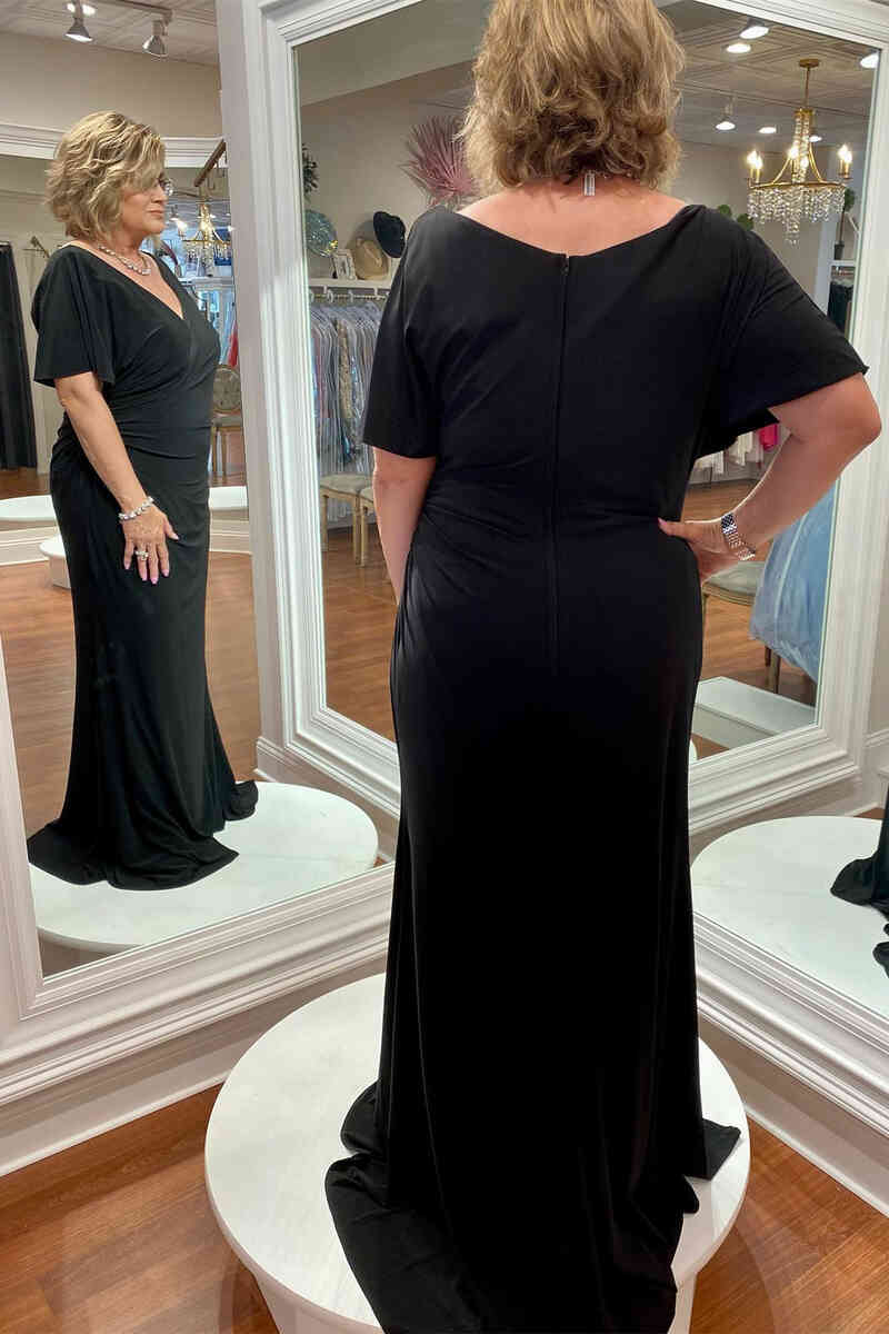 Elegant Long Chiffon V-Neck Black Mother of Bride Dress Short Sleeves MyChicDress