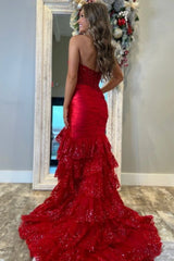 Elegant Red Tiered Prom Dress Layered Strapless Mermaid Pleated