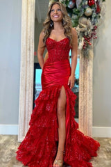 Elegant Red Tiered Prom Dress Layered Strapless Mermaid Pleated