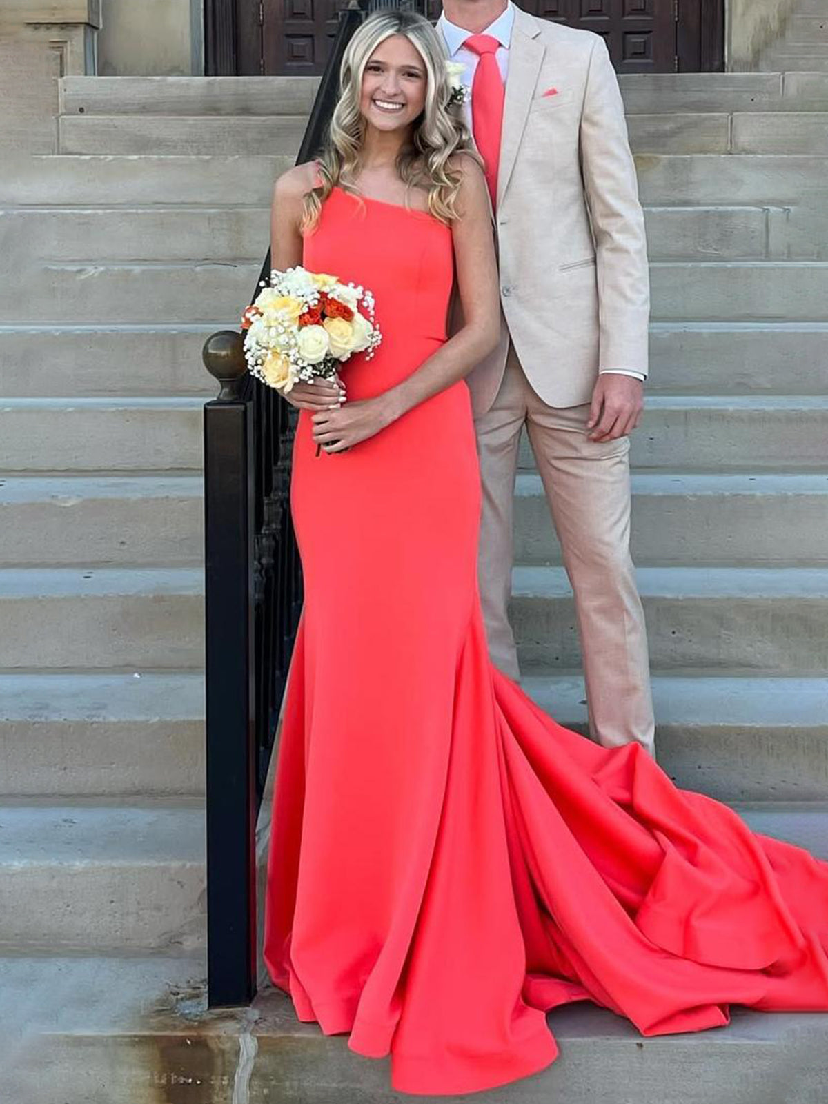 Elegant One Shoulder Orange Prom Dress Mermaid Sleeveless Satin Gowns