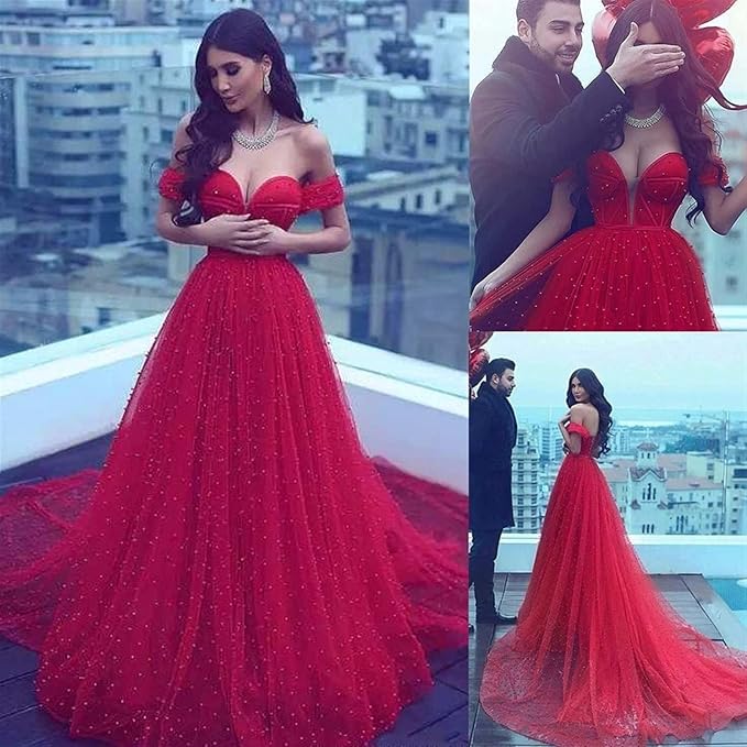Elegant Red Wedding Dress Beach Off Shoulder A-Line Evening Dress with Pearls