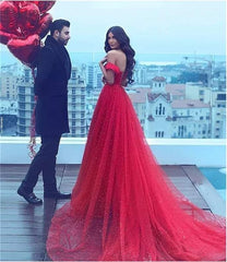 Elegant Red Wedding Dress Beach Off Shoulder A-Line Evening Dress with Pearls