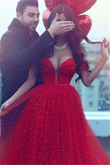 Elegant Red Wedding Dress Beach Off Shoulder A-Line Evening Dress with Pearls