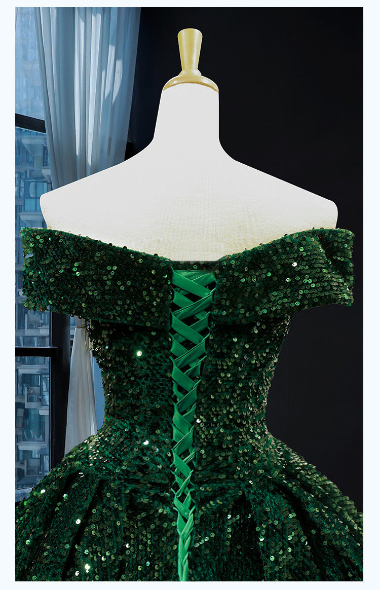 Vestidos quinceanera verde esmeralda, vestido de baile de lantejoulas, ombro de fora, vestido de noiva