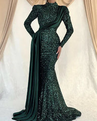 Emerald Green Sequin Evening Dress Long Sleeve Mermaid Prom Dress MyChicDress