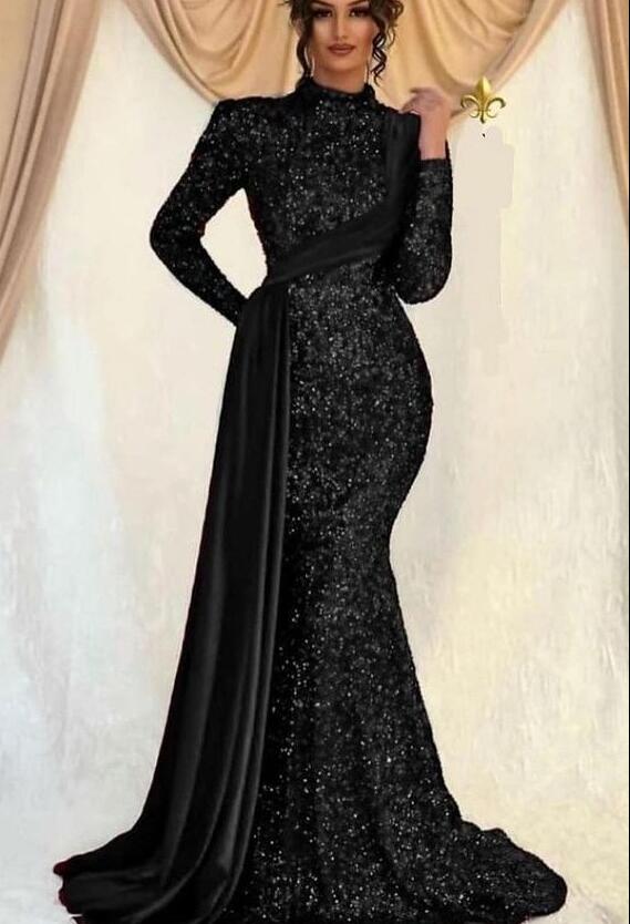 Emerald Green Sequin Evening Dress Long Sleeve Mermaid Prom Dress MyChicDress