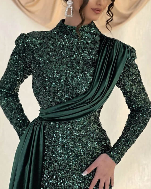 Emerald Green Sequin Evening Dress Long Sleeve Mermaid Prom Dress MyChicDress