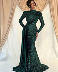 Emerald Green Sequin Evening Dress Long Sleeve Mermaid Prom Dress MyChicDress