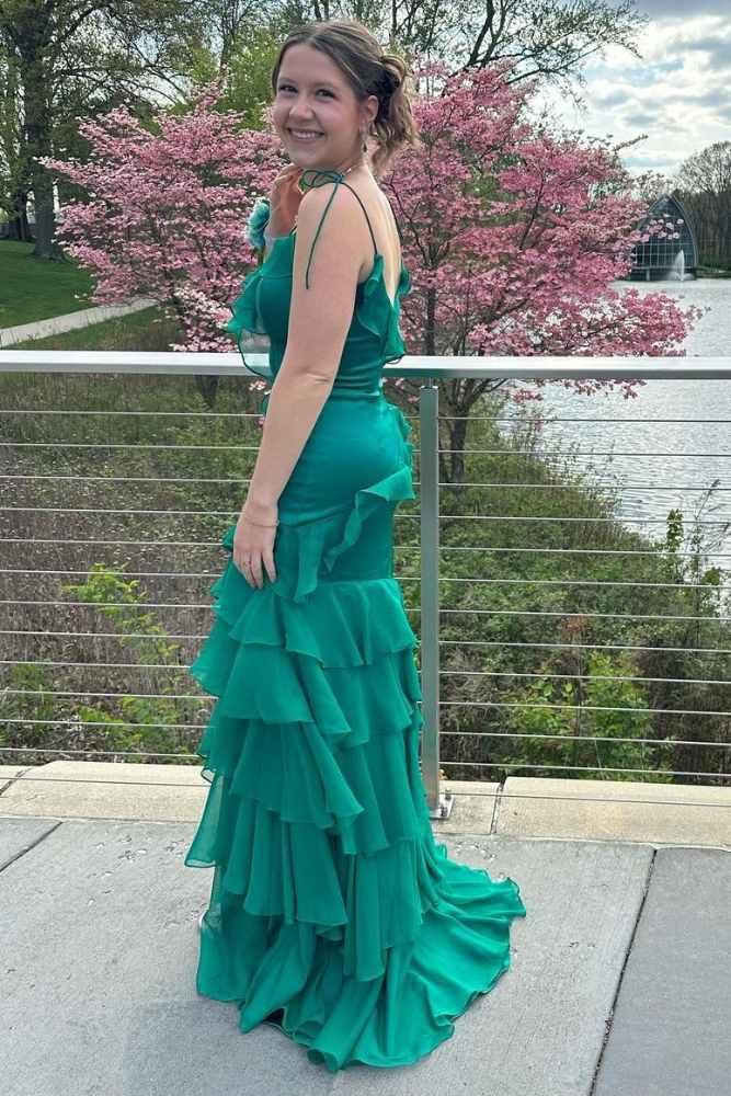 Emerald Green Chiffon Ruffle Prom Dress V-Neck Tiered Guest Dress - MyChicDress