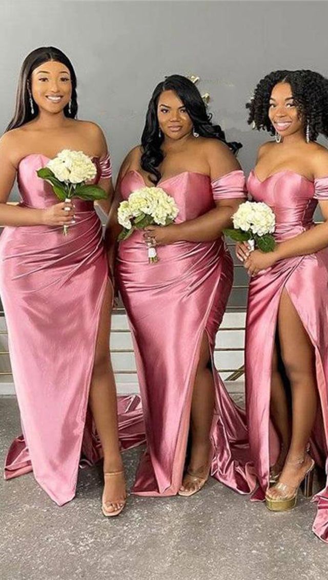 Floor Length Rose Pink Bridesmaid Dresses Off Shoulder Junior Maid Of Honor Dress MyChicDress