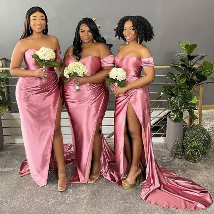 Floor Length Rose Pink Bridesmaid Dresses Off Shoulder Junior Maid Of Honor Dress MyChicDress