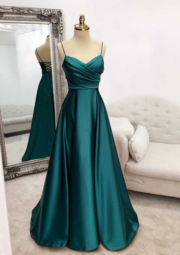 Floor-Length Satin Green Prom Dress A-line With Pleated MyChicDress