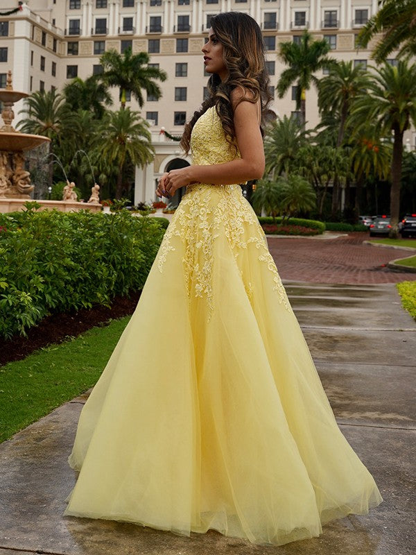 Floor-Length Two Piece Yellow Lace Prom Dresses A-Line Tulle V-neck Sleeveless MyChicDress