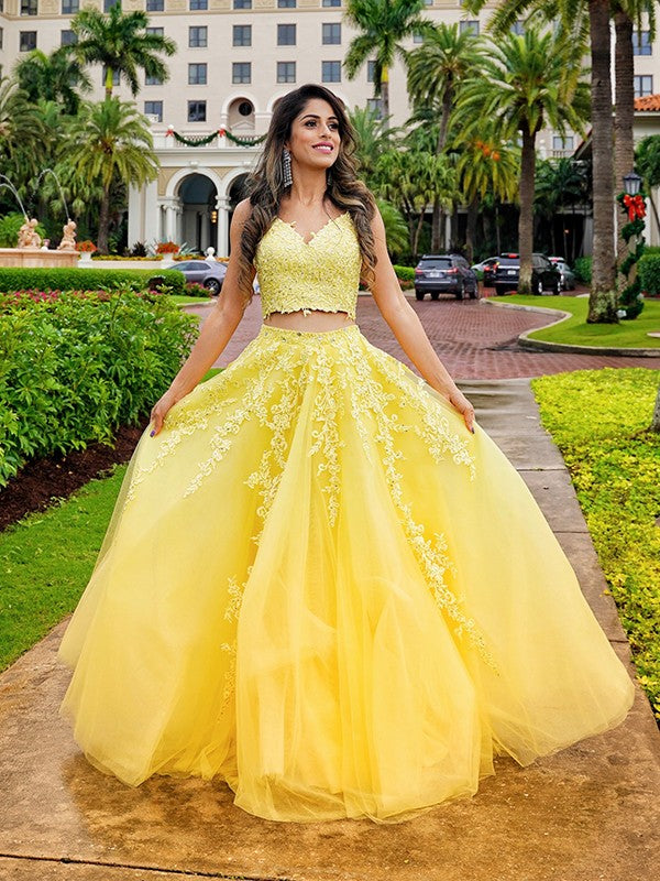 Floor-Length Two Piece Yellow Lace Prom Dresses A-Line Tulle V-neck Sleeveless MyChicDress