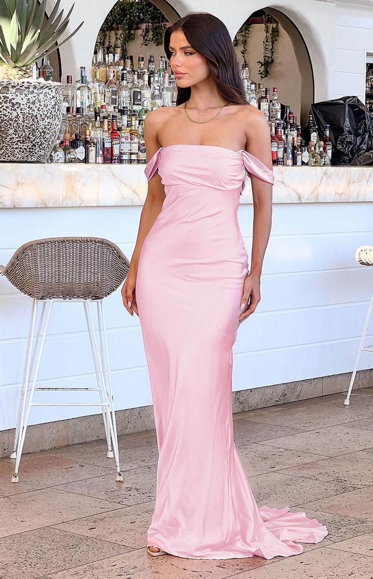 Floor-length Pink Evening Dress UK Satin Mermaid Off The Shoulder