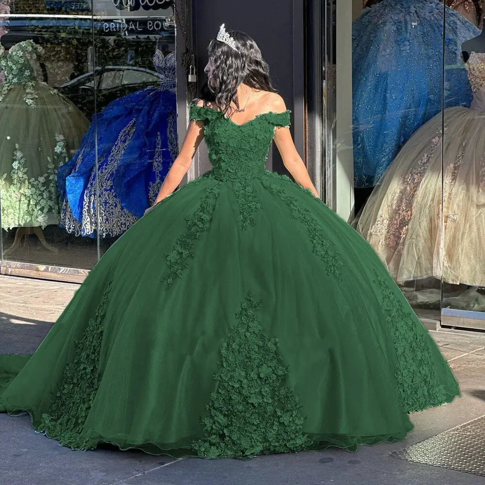 green Floral Lace Sweet 16 Birthday Party Quince Dresses
