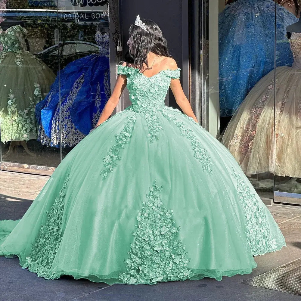 light Green Floral Lace Sweet 16 Birthday Party Quince Dresses
