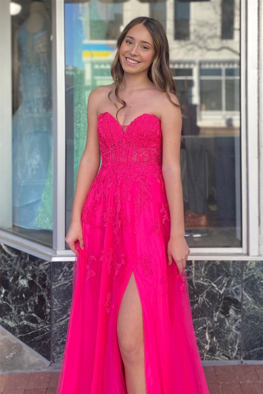 Floral Hot Pink 2024 Prom Dresses A-line Long Strapless Appliques - MyChicDress