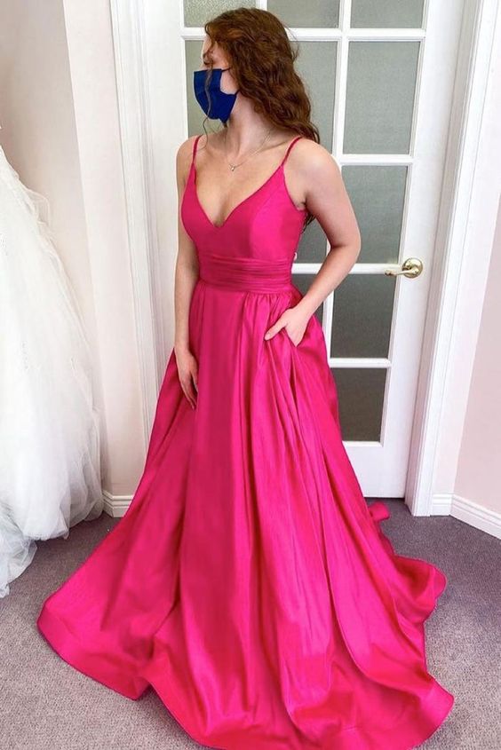 Fuchsia Long Prom Dresses V Neck Sleeveless Evening Gown UK Spaghetti Straps MyChicDress