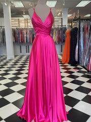 Fuchsia Long Prom Dresses Magenta V Neck Sleeveless Evening Gown UK