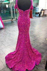 20224 Fuchsia Sequin Formal Dresses Magenta Cold-Shoulder Mermaid Prom Dress Long