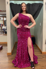 Fuchsia Sequin Prom Dress Long Mermaid Formal Dress Magenta One Shoulder