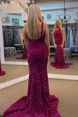 Fuchsia Sequin Prom Dress Long Mermaid Formal Dress Magenta One Shoulder