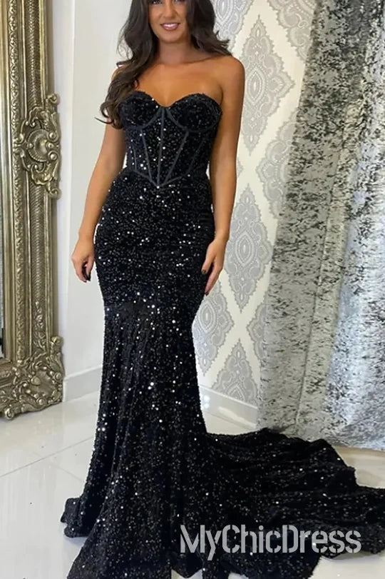 Fully Glitter Sequins Prom Dress Sweetheart Strapless Formal Gowns