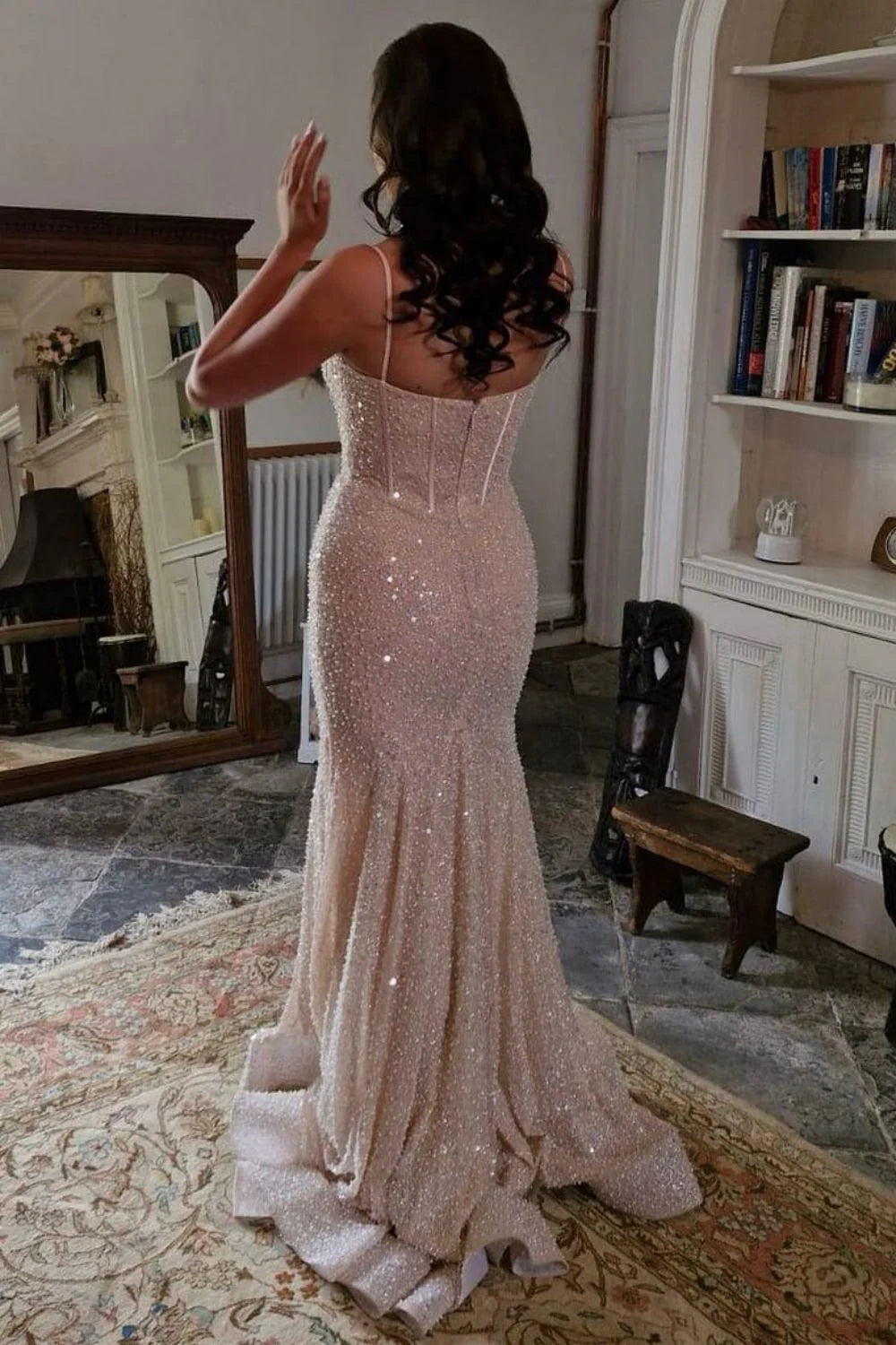 Glitter Blue Prom Formal Dress Long Mermaid Spaghetti Straps