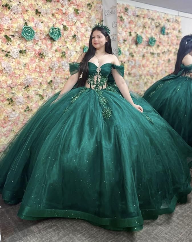 Glitter Emerald Green Vestidos De 15 Anos Tulle Illusion Quinceanera Dresses - MyChicDress