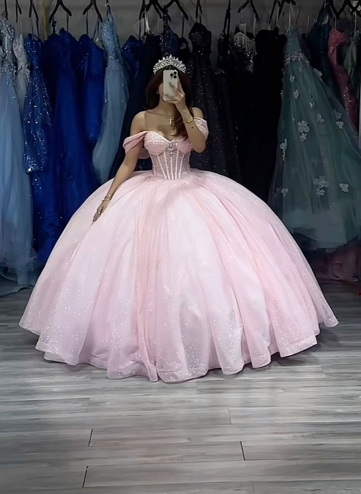 Glitter Pearls Pink Quinceanera Dresses Ball Gowns Sweet 15 16 Birthday Dress