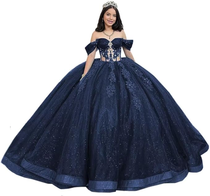 Glitter Navy Blue Vestidos De 15 Anos Tulle Illusion Quinceanera Dresses - MyChicDress