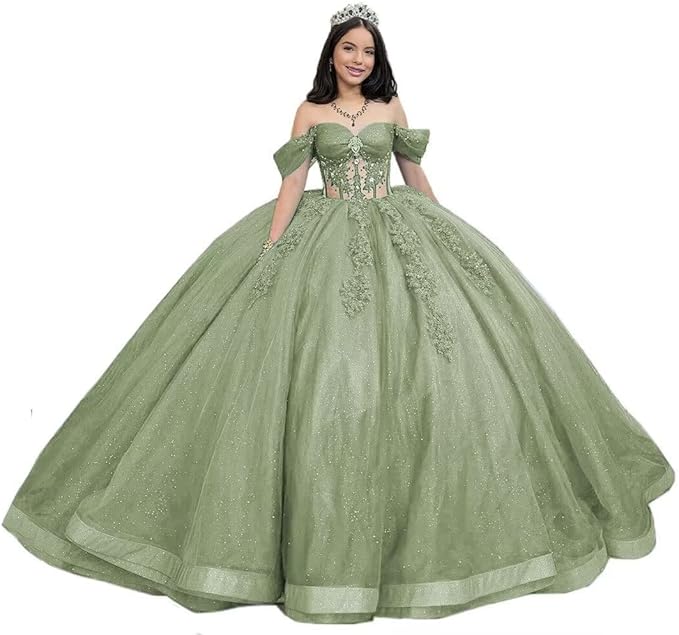 Glitter sage green Vestidos De 15 Anos Tulle Illusion Quinceanera Dresses - MyChicDress