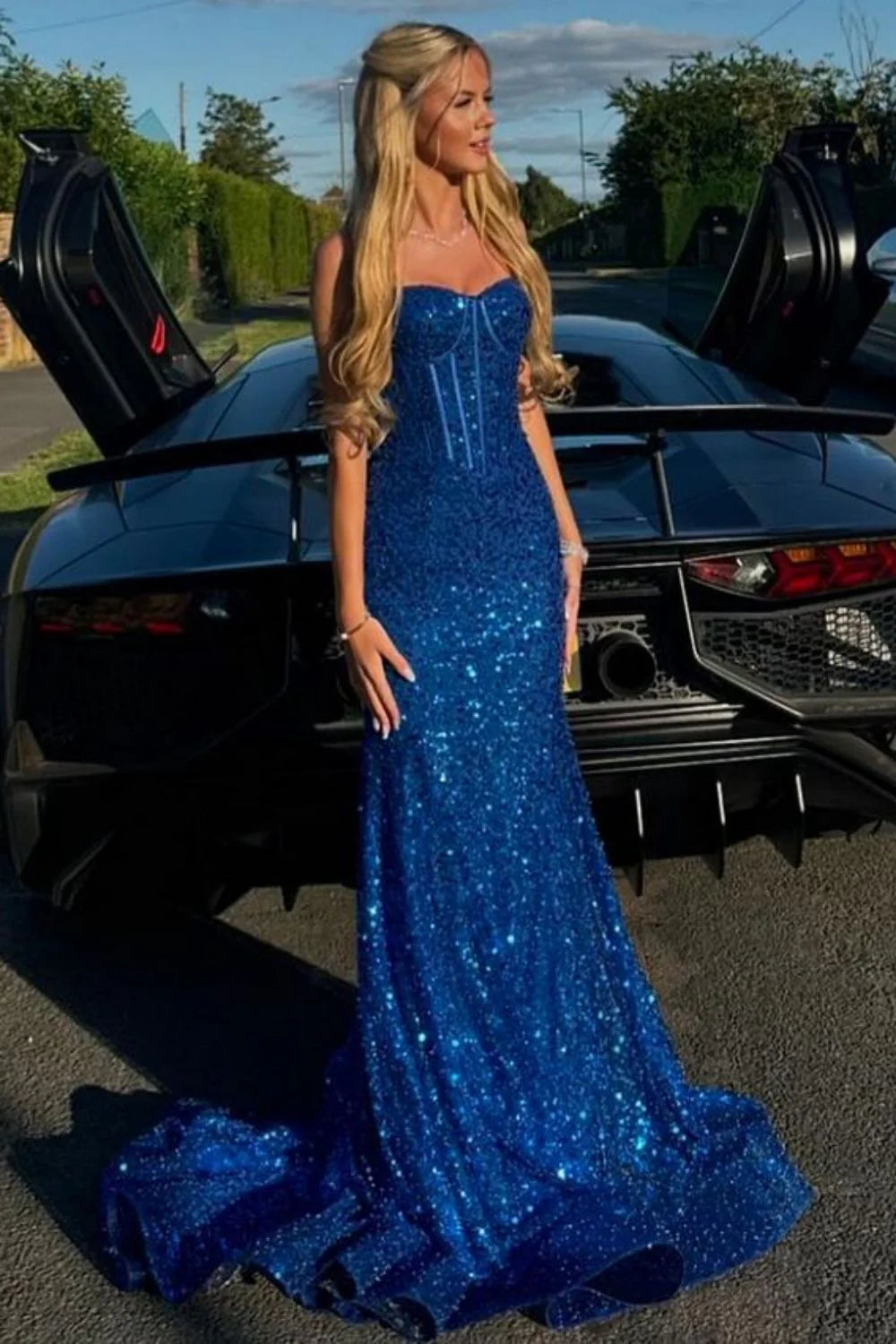 Glitter Blue Prom Formal Dress Long Mermaid Spaghetti Straps