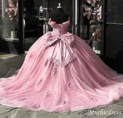 Glitter Ball Gown Vintage Pink Quinceanera Dresses Lace Off the Shoulder with Bow