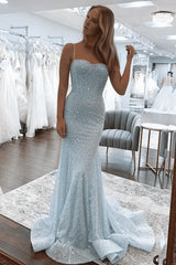 Glitter Blue Prom Formal Dress Long Mermaid Spaghetti Straps