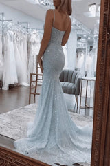 Spaghetti Straps Glitter Blue Prom Formal Dress Mermaid Long