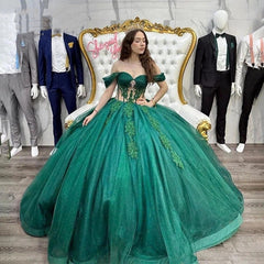 Glitter Emerald Green Vestidos De 15 Anos Tulle Illusion Quinceanera Dresses